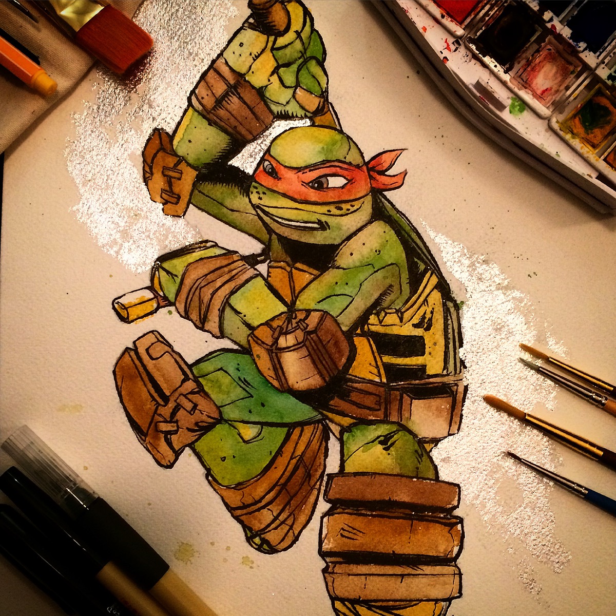 watercolor ink Michelangelo TMNT mikey nickelodeon