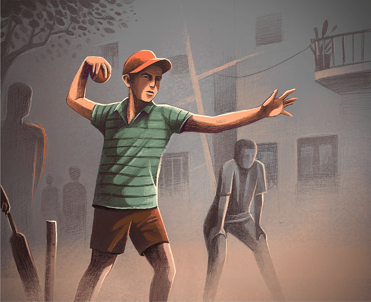 Gully cricket - with its unique rules and expressions makes a great spectacle on the streets. Common scenes from around home. - illustration by ranganath krishnamani