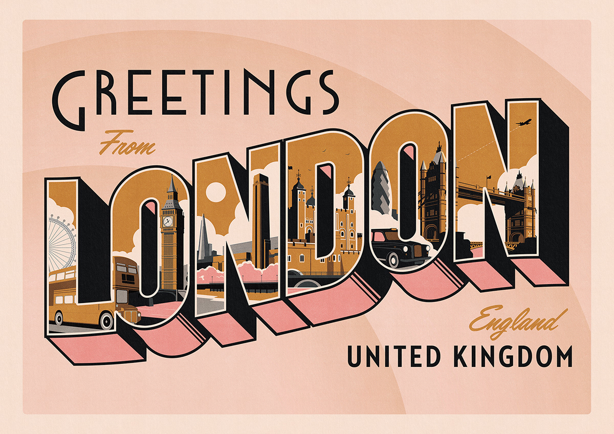 cityscape Greetings from Landscape London postcard Retro Seaside Travel travel poster vintage postcard