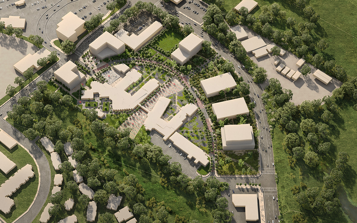 A CGI of an aerial view of a campus.