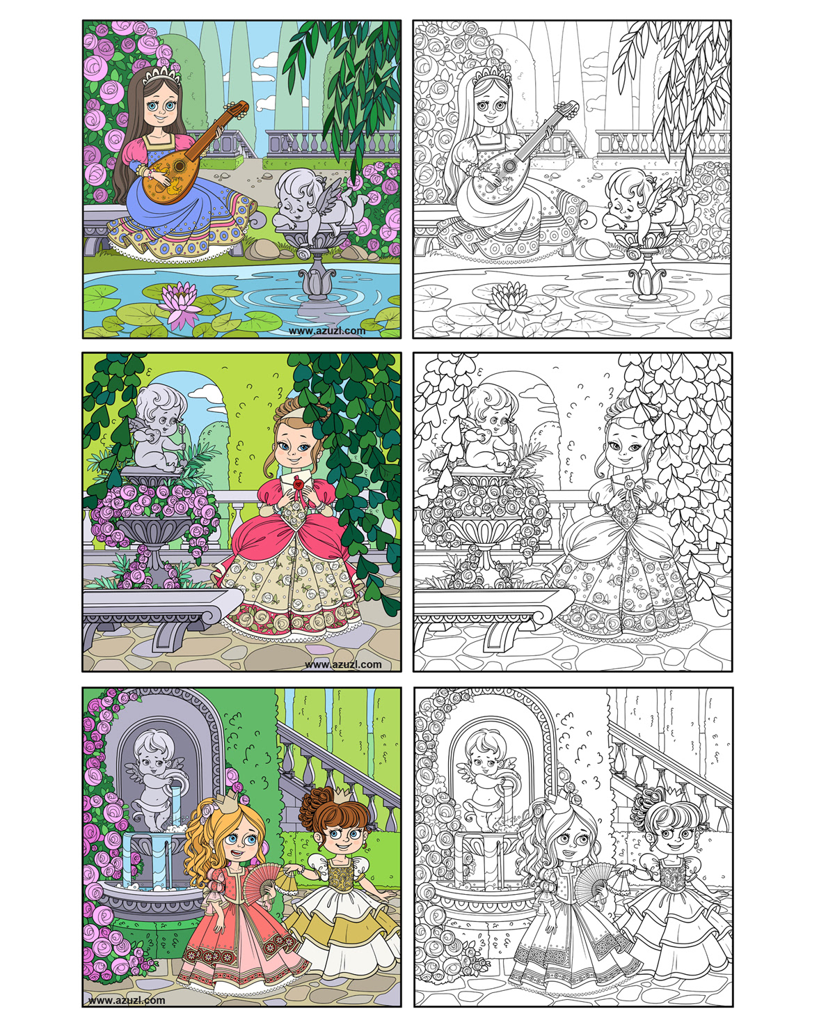 art coloring book cupid ILLUSTRATION  palace Park Princess statue topiary vector