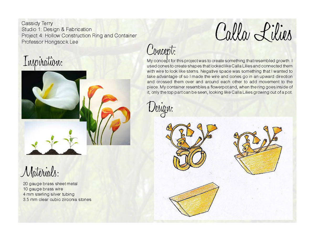 jewelry design fashion design Flowers calla lilies brass gold stone ring metal