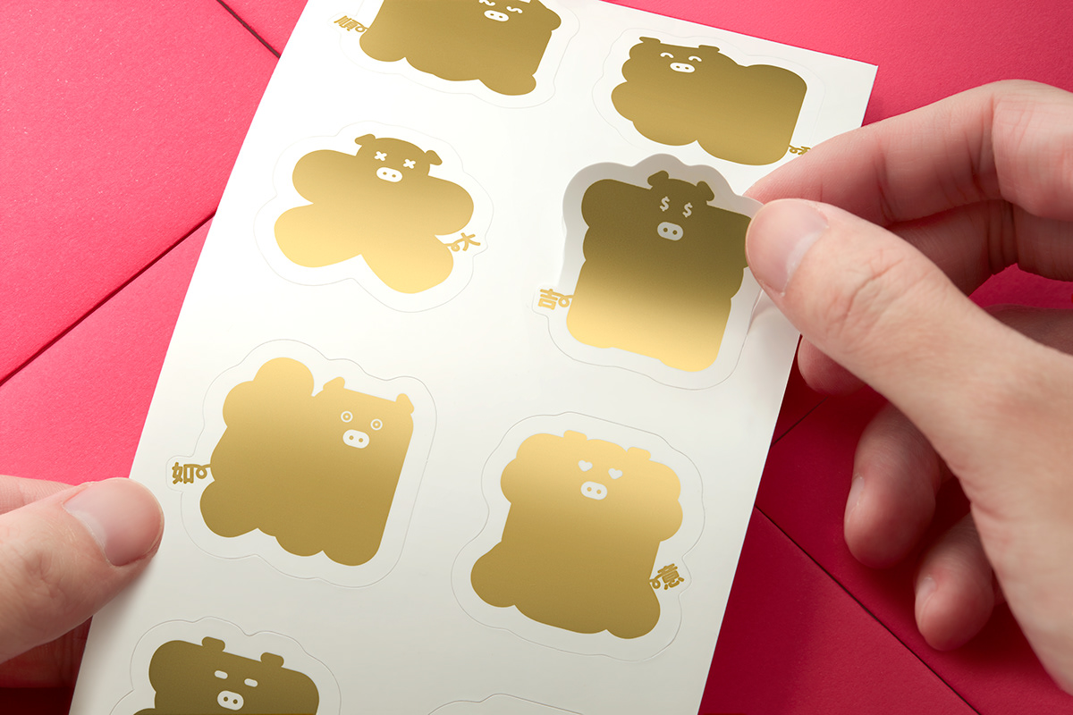 漢字 hanzi Red envelopes new year pig living coral gold sticker DIY graphic