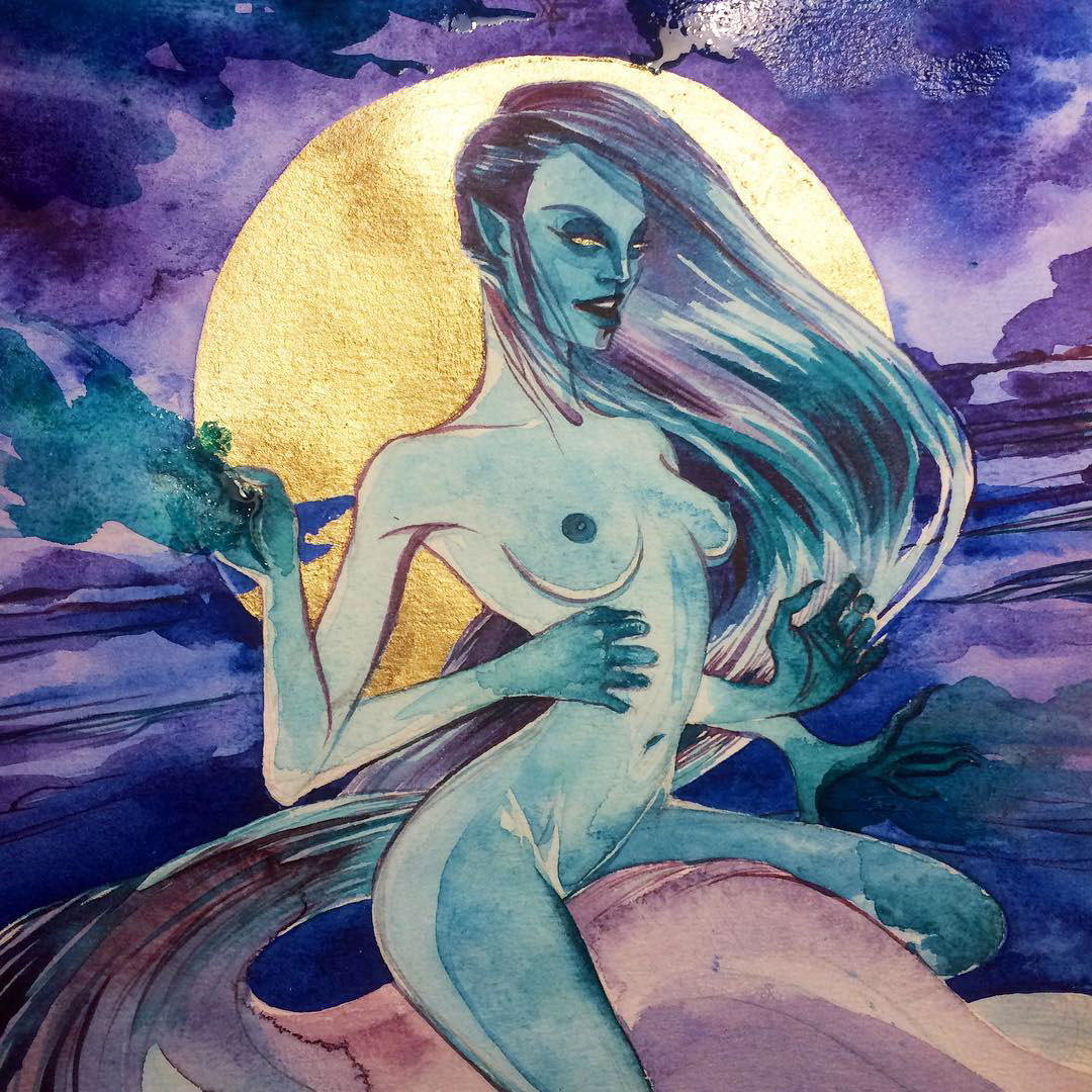 Eilistraee Drow moon deity watercolor painting  