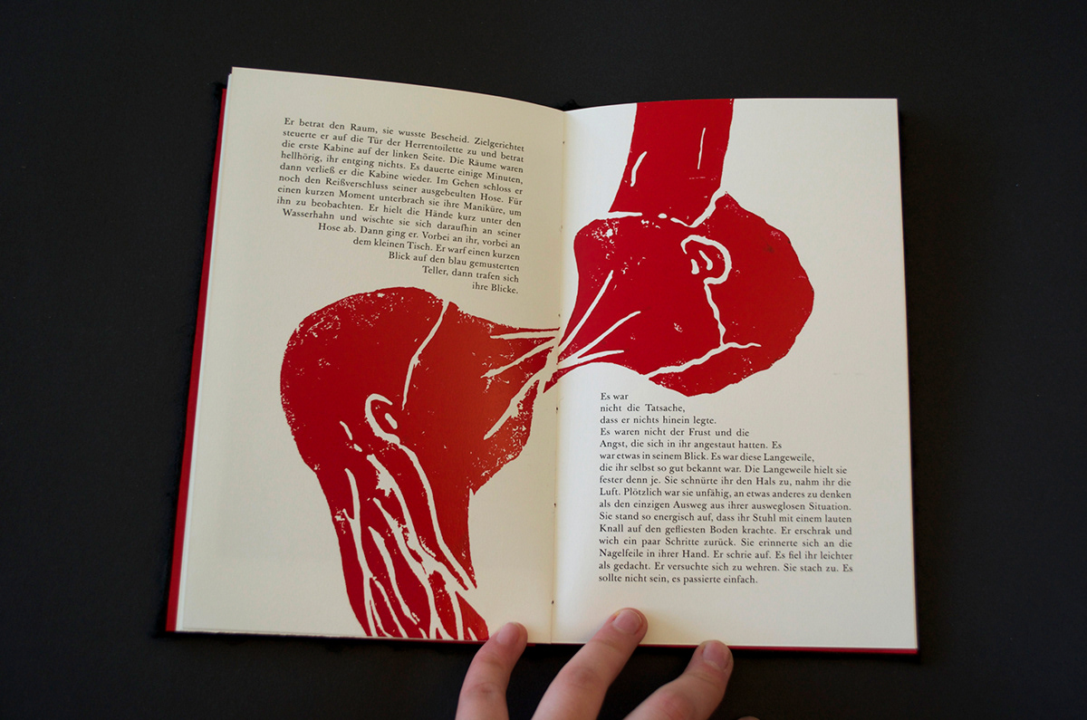 linocut book shortstory red black surrealism