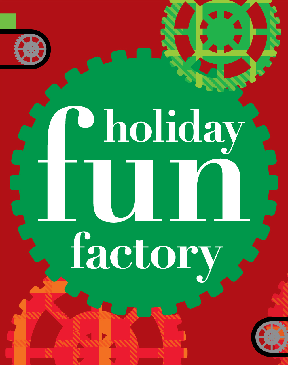 Holiday Christmas winter santa elves factory gears Presents red green