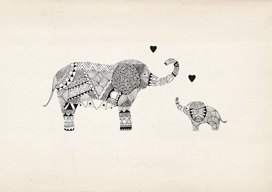 elephant animals pattern aztec black and white ink hand drawn Love sketchbook