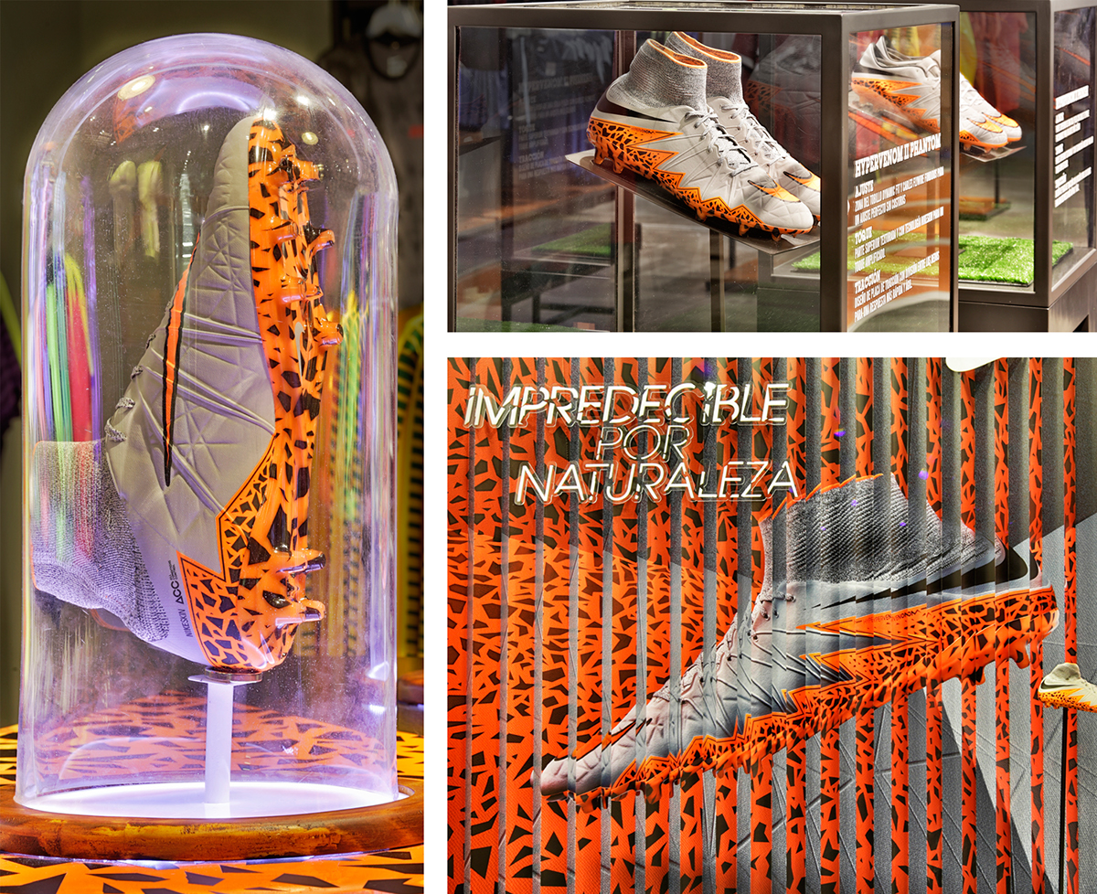 nike hypervenom installation campaign sneakers orange unestudio peru Nike Display instore pedestal Window Display