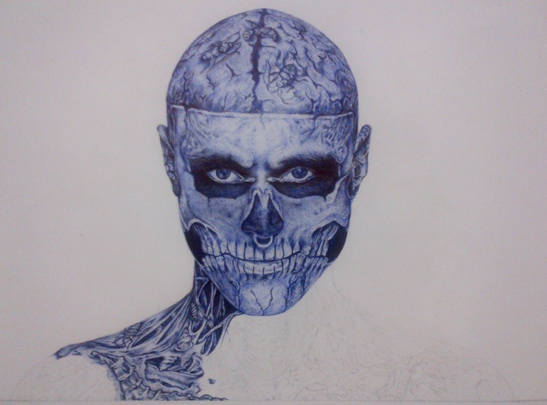 tattoo  ballpoint  pen ink Rick Genest ricko zombie ZOMBIE BOY blue black