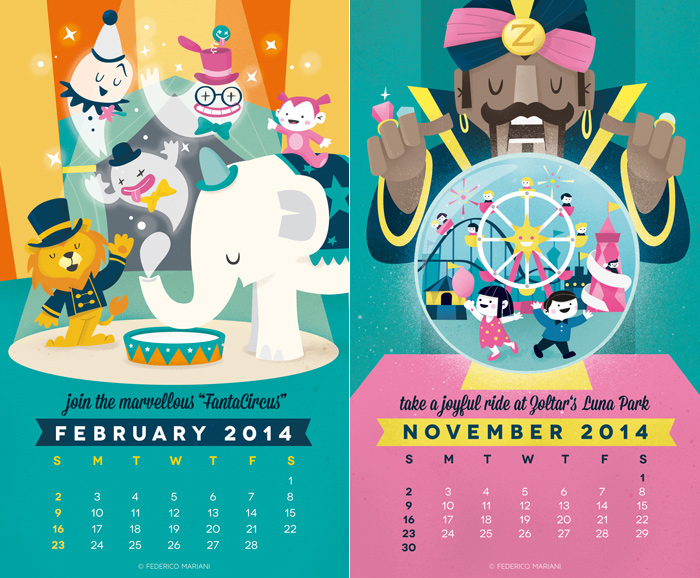 calendar kids rainbow colorful adventure jungle fantasy Disneyland themepark Magic   lunapark fairy wildlife Circus flat
