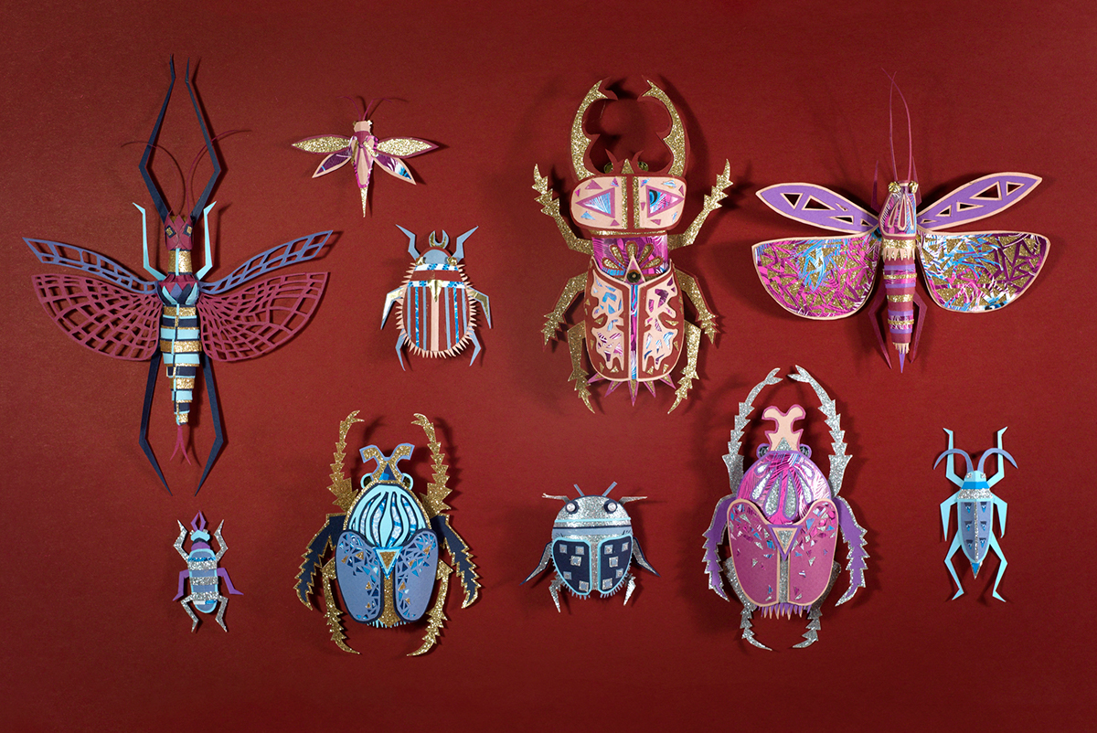 zim&zou cabinet curiosités paper art bird animal lobster spider Turtle installation Style detail clean