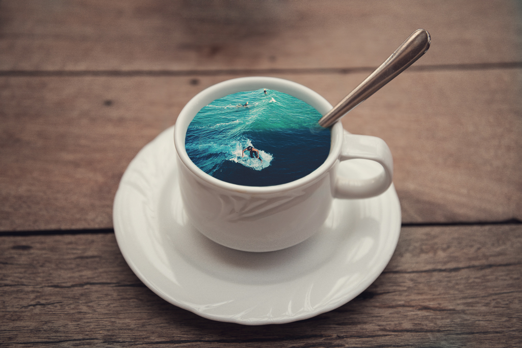 surreal digital manipulation Photo Manipulation  Coffee tea Mug  Ocean galaxy morning microcosm seapression surfing waves sea stars Space 