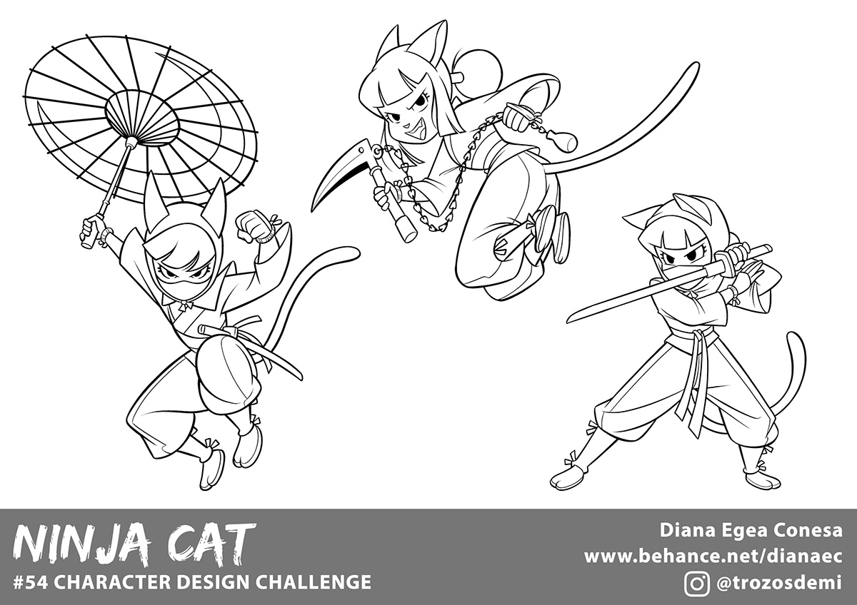 Character design  Character ninja Kunoichi Cat cdc characterdesignchallenge ILLUSTRATION  Model Sheet