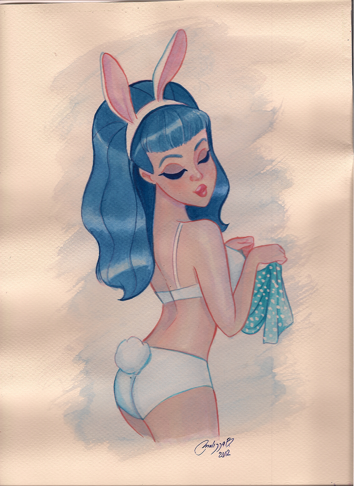 little sexy blue bunny melivillosa pin up watercolors TRADITIONAL ART play boy melissa ballesteros p art
