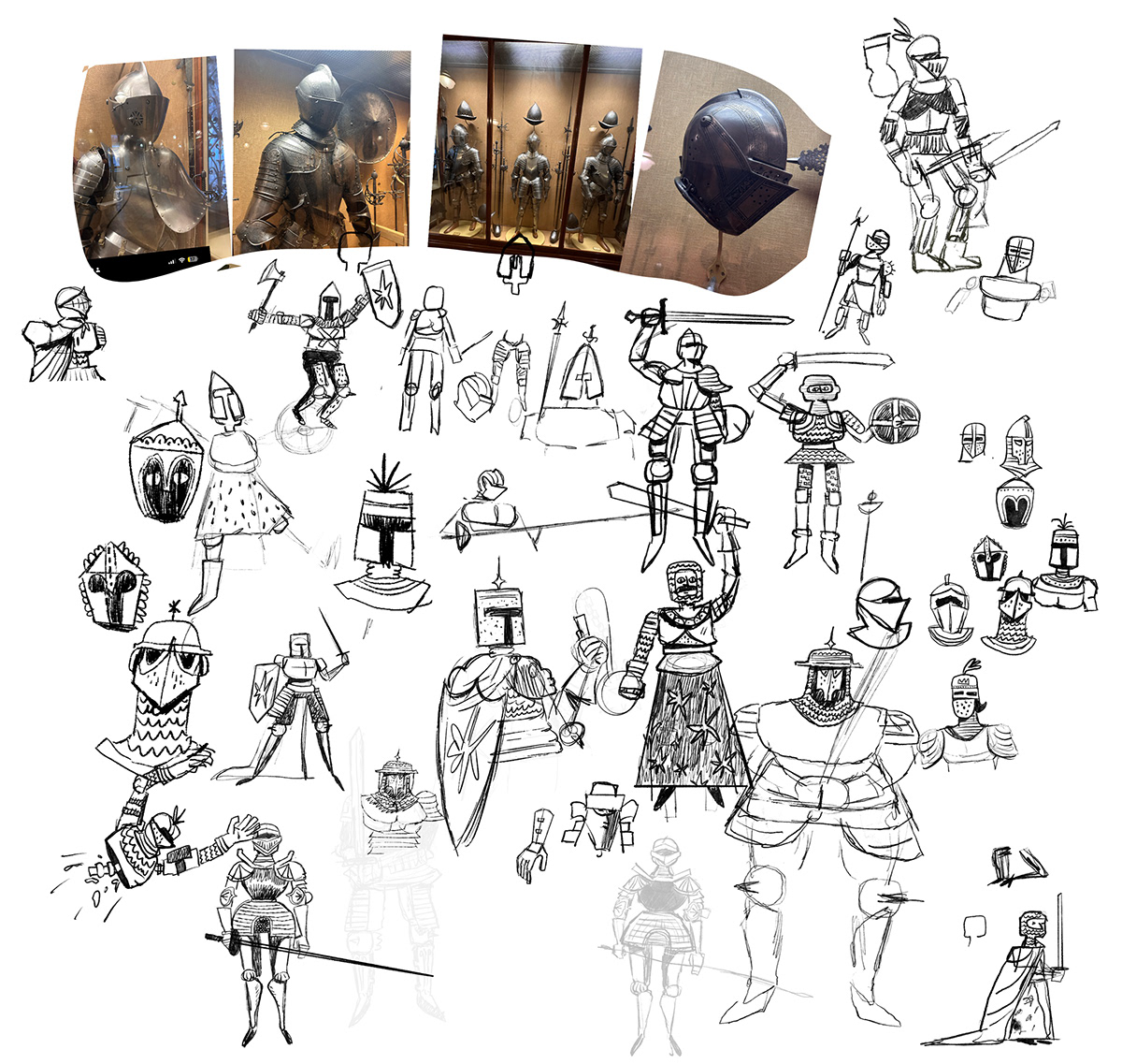 a bunch of very loose sketches of armored characters with some references from a museum.