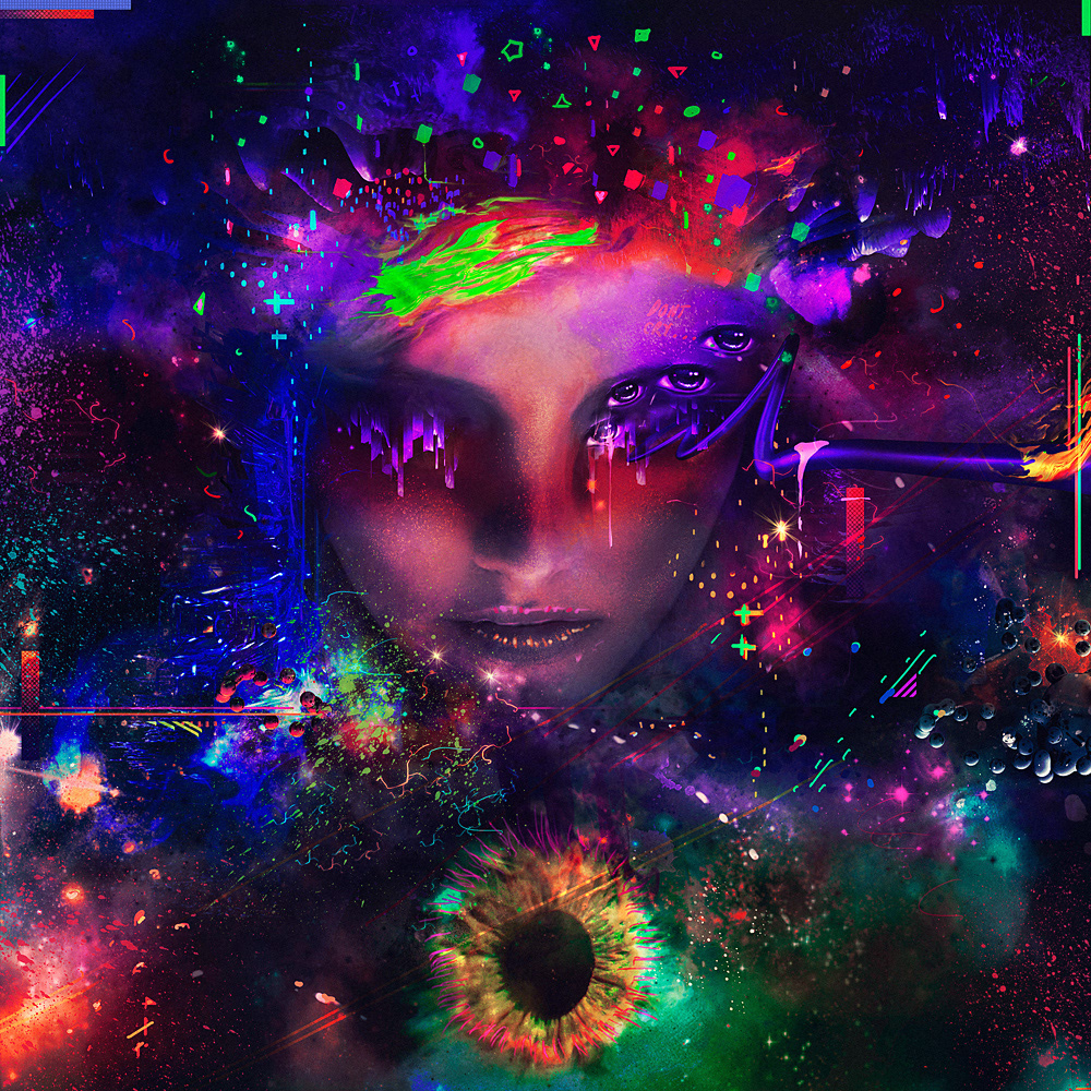 psychedelic  Illustration digital collage portraits Space  futuristic Glitch colorful print canvas crazy wild faces