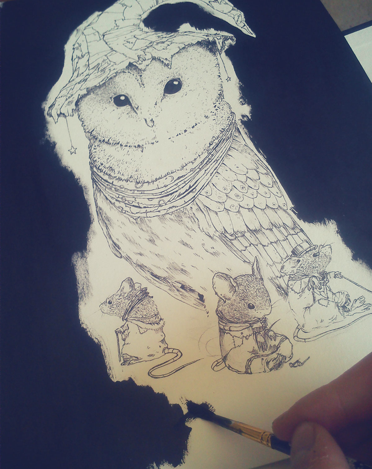 ink owl mice children Watercolours Fineliners details characters irish dark book