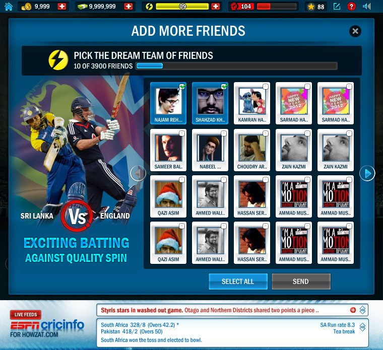 Howzat Cricket game user interface  interactive UI ux social 3D