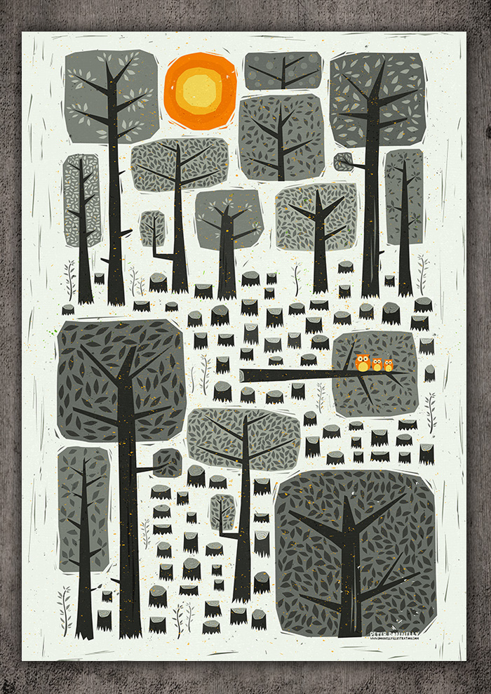 Adobe Portfolio woodcut illustratorsireland folk owl forest midcentury pattern trees leaf vintage