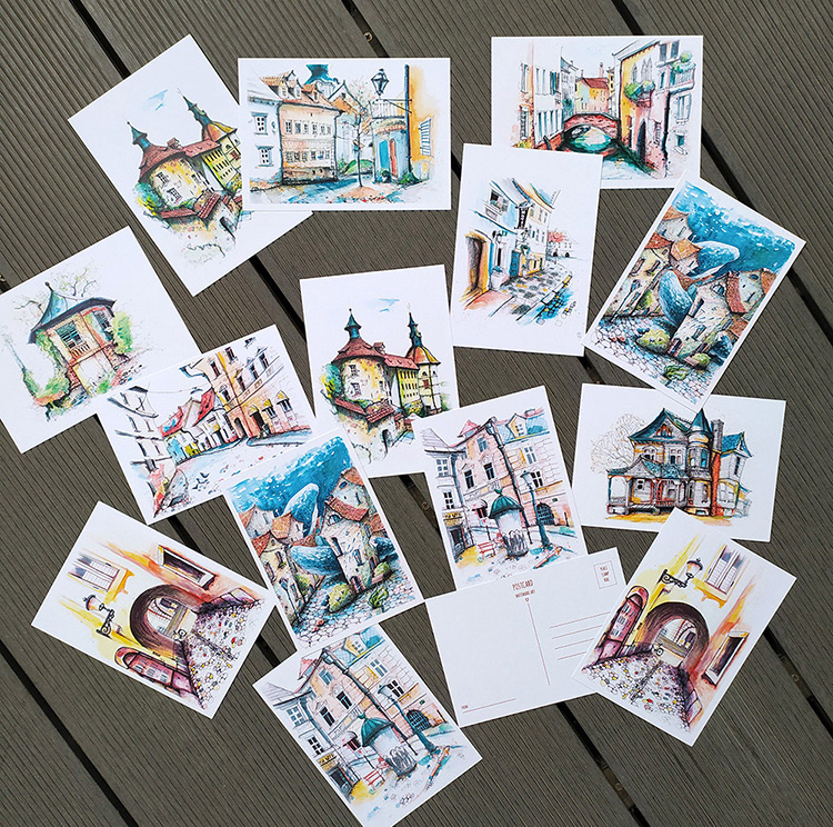 Watercolor postcards with the old cities