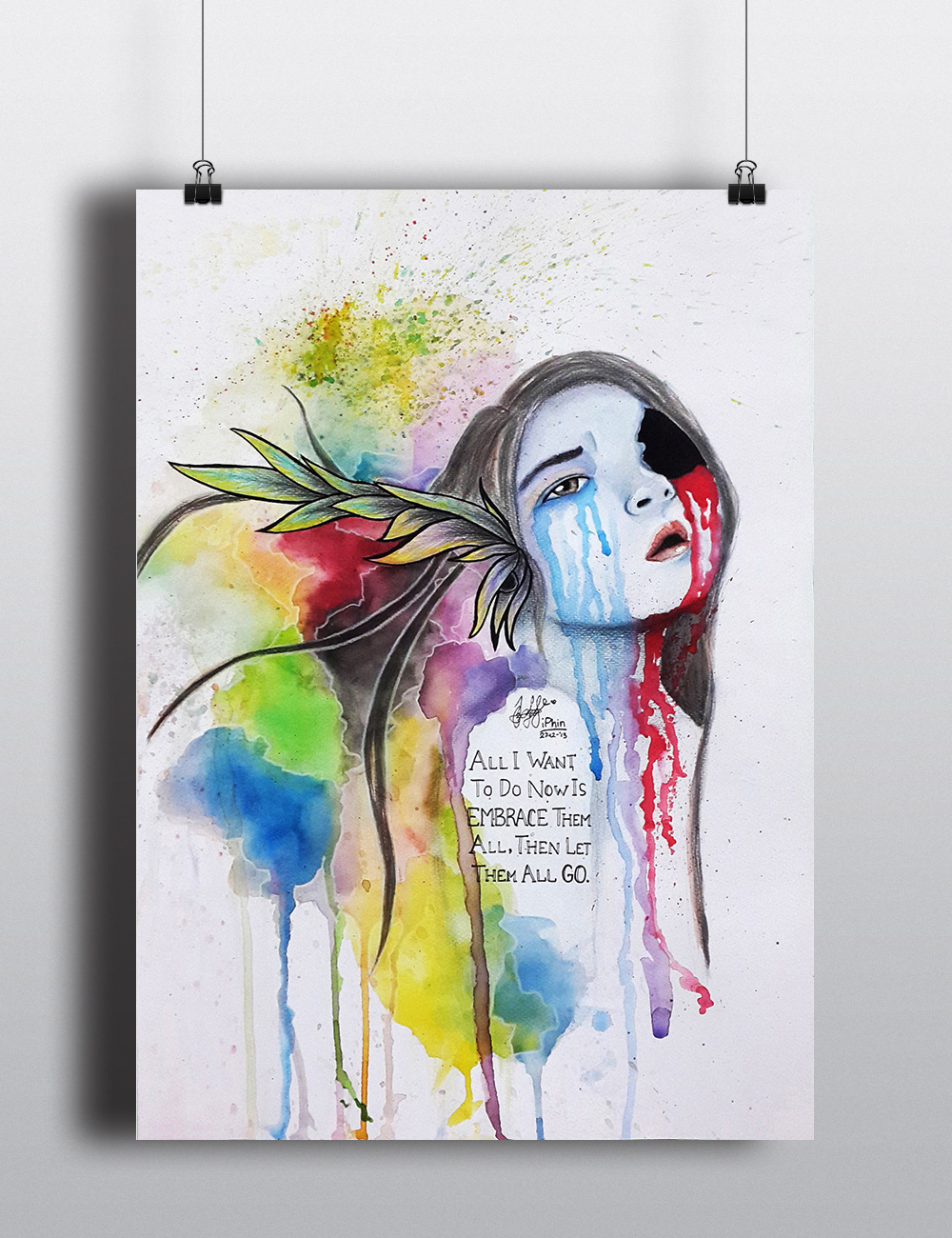 new year colorful watercolor Mix media woman girl Cry blood wing feather art tears quote color pencil Chinese Ink