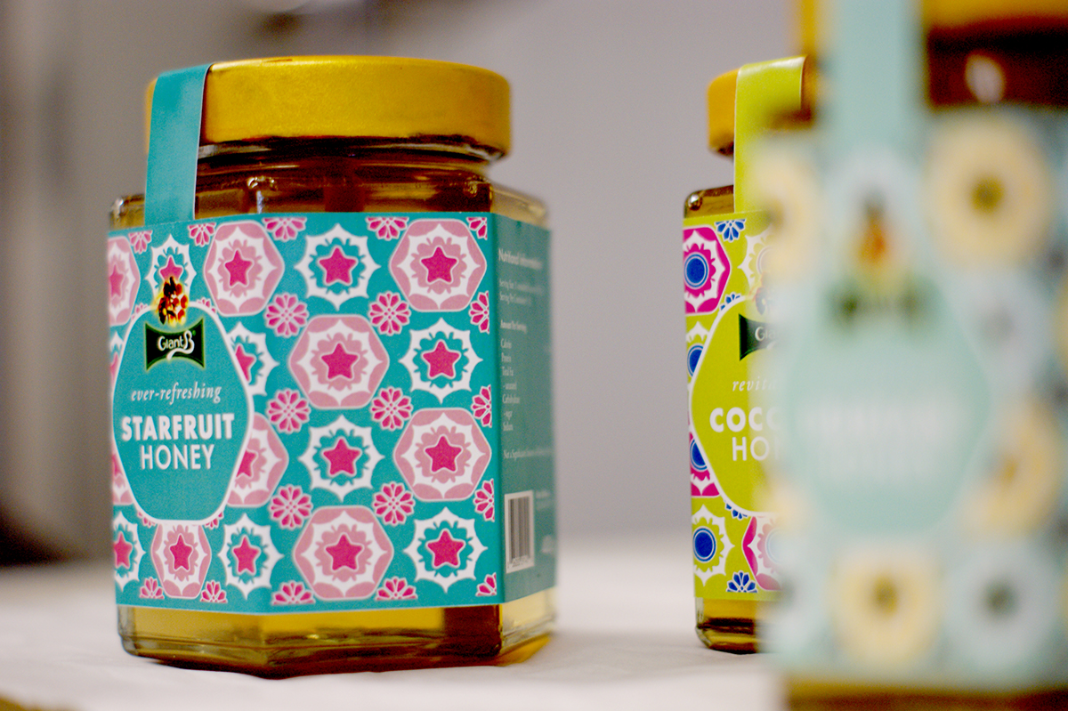 Honey packaging Peranakan honey dipper Durian starfruit Flavours honey Patterns Coconut malaysian cultural straits