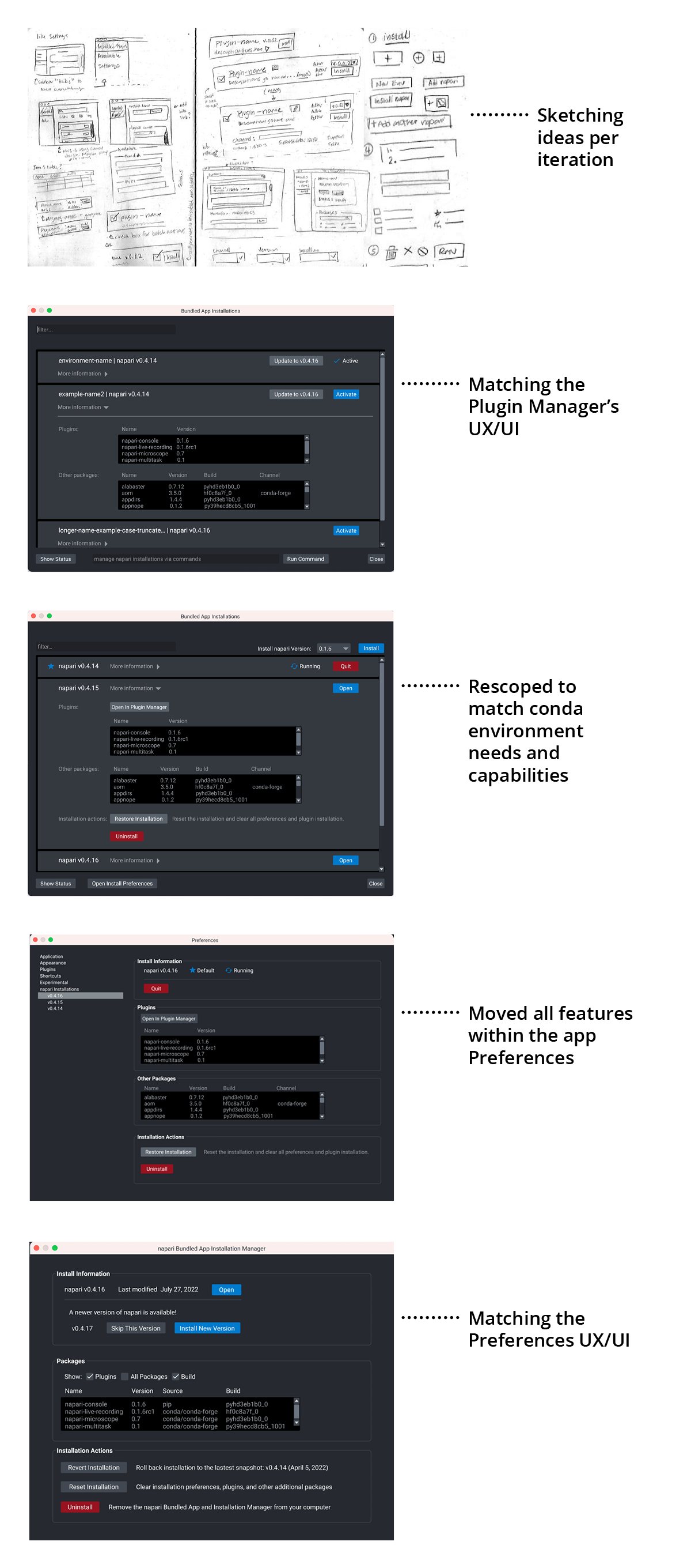 An example of the process for designing the Installation Manager divided into sketches and UI types