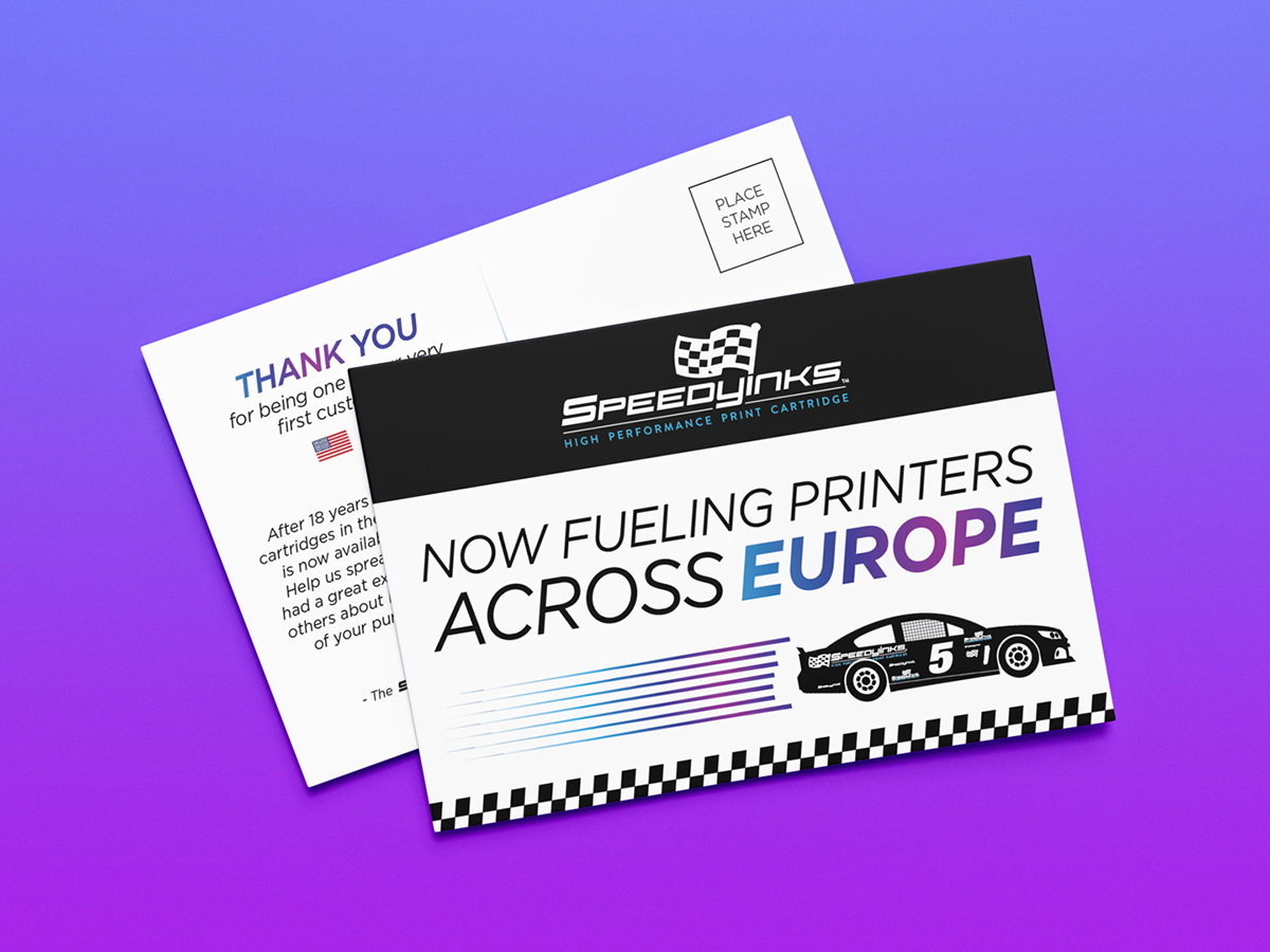 Advertising  graphic design  Ink&Toner marketing   postcard print design  promotional card race car speed speedyinks