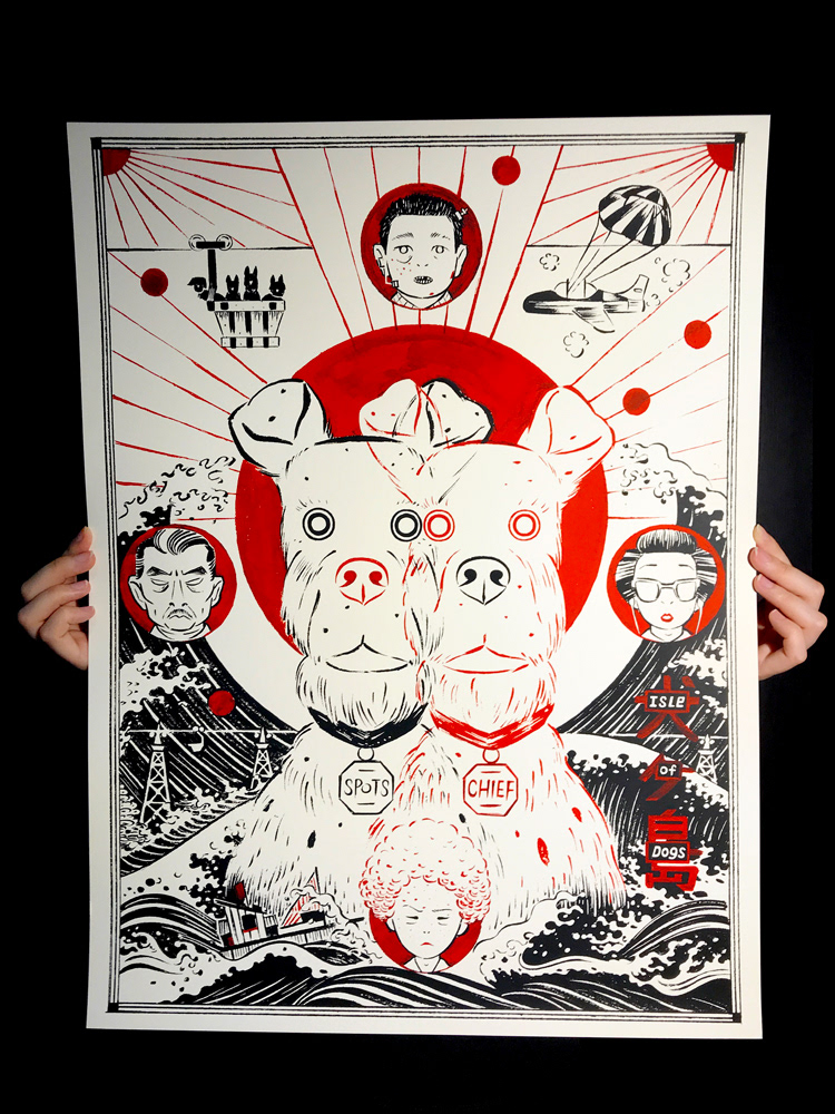 screenprint screen printing Ink and brush hand drawn ILLUSTRATION  movie poster poster isle of dogs wes anderson Drawing 