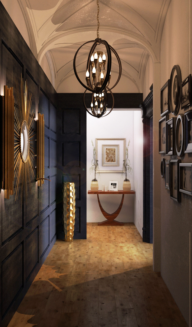 Entrance interior design  luxury pearl painting Marble copper