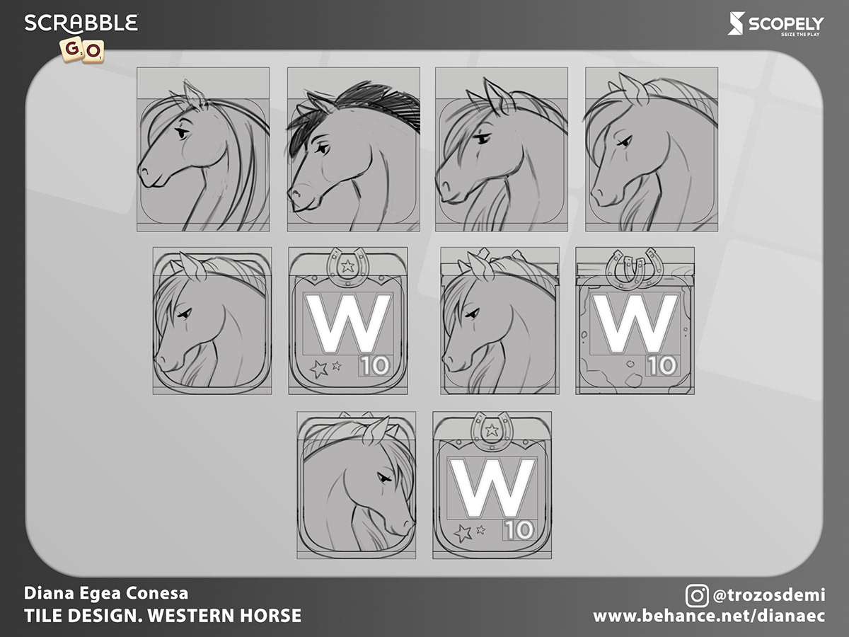 concept cowgirl horse live ops mobile games Scrabble tile western Wordgame cartoon