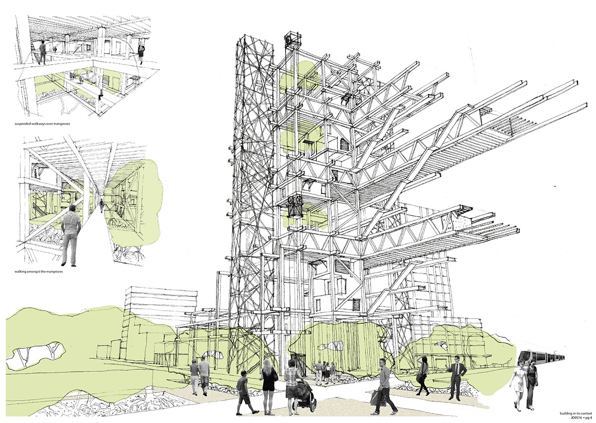 Achititecture Urban Design Competition hand drawing conceptual mangroves   TIMBER construction details durban