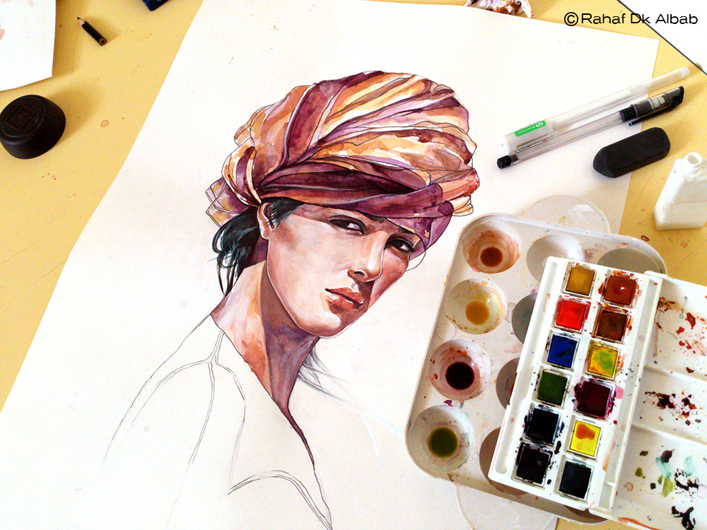 women portrait Arab arabic Syria watercolor colors