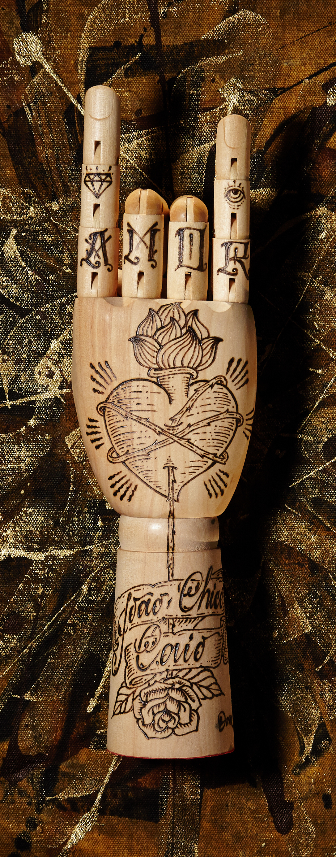 INKED HANDS tattoo Tattooart sacred heart pyrography woodart woodburn