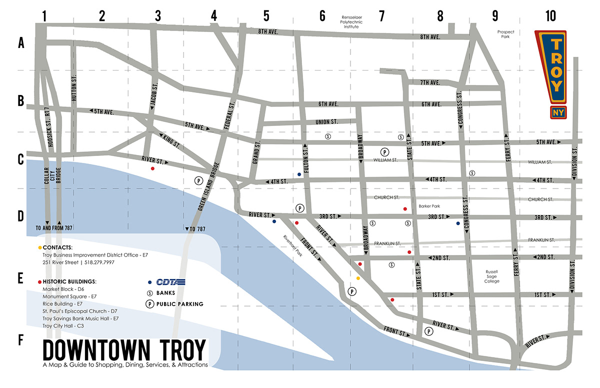 Troy Business Improvement district map streets Landmarks