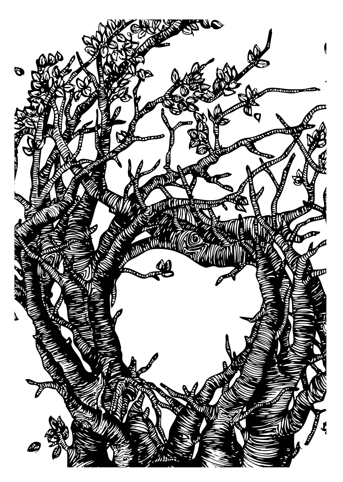 skull vulture Tree  hand drawn black & white roots