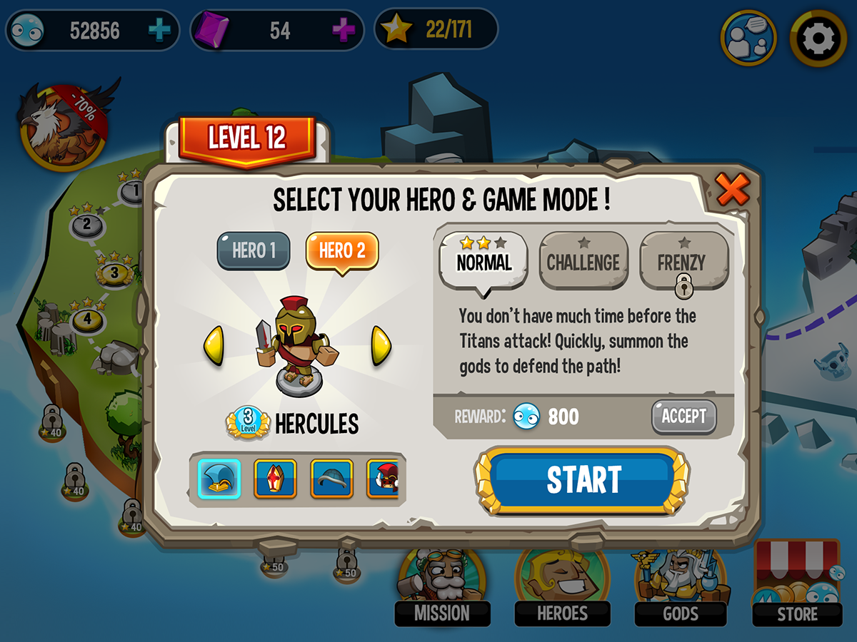 game Defence UI Interface OMG concept purchase Start heroes store shop skills