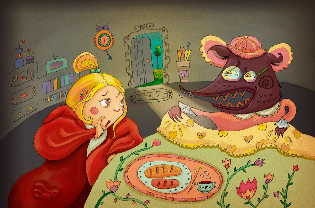 Red Ridinghood girl wolf childrenbook forest house room plants Flowers Foods breads wine basket blonde dishes