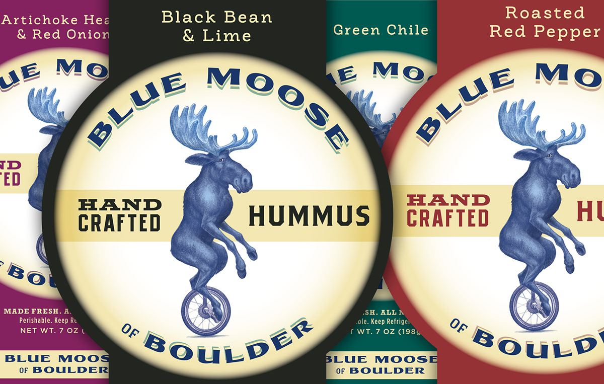 Food  salsa hummus dips Boulder blue moose whimsical Character