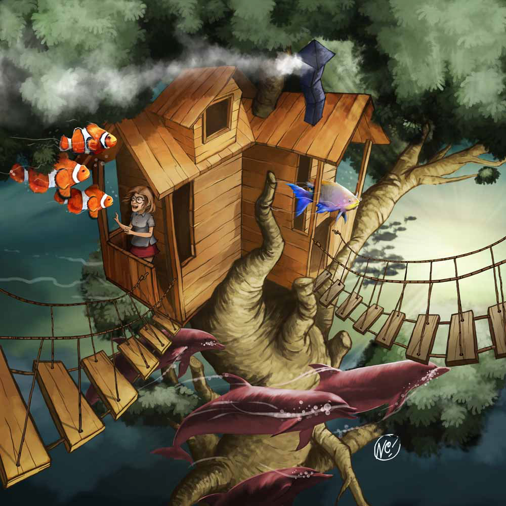 Tree  girl wood Dolphins leaves bridge Nemo clown fish Window chimney house cloud