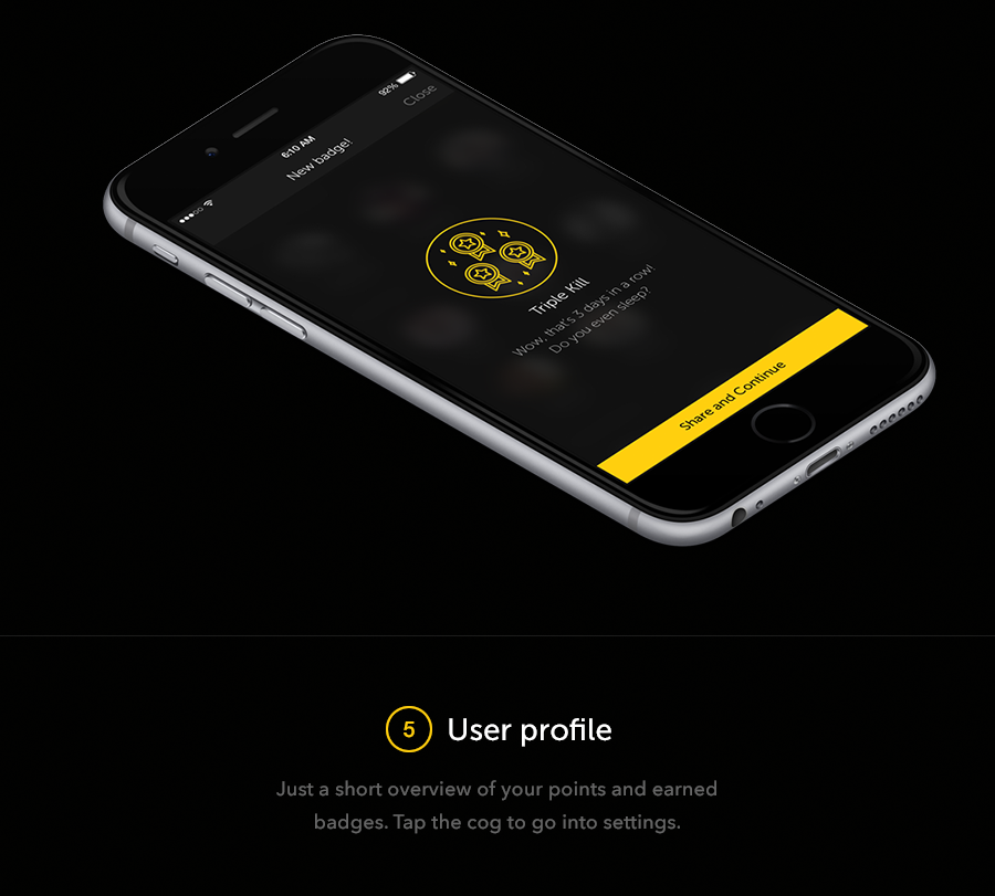 ios iPhone6 cheers concept gamification dark ui UI app application friends grid circles yellow invites user interface