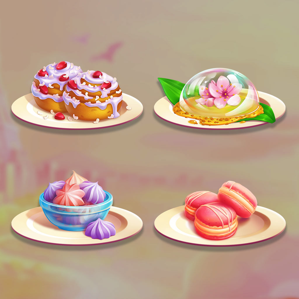2D art food objects, casual games match 3