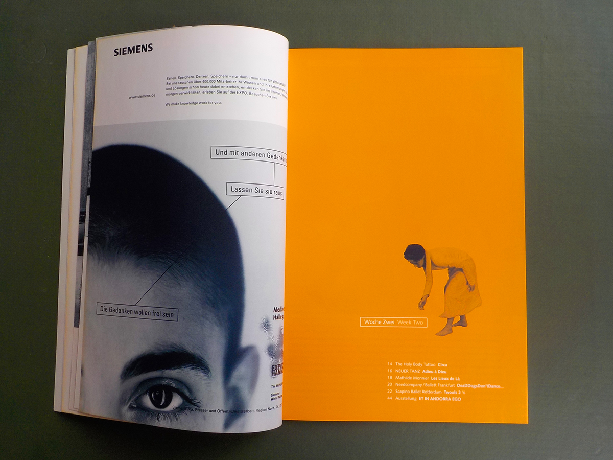Adobe Portfolio expo2000 Tanztheater DANCE   orange blue print branding  brochure poster markenbotschafterin
