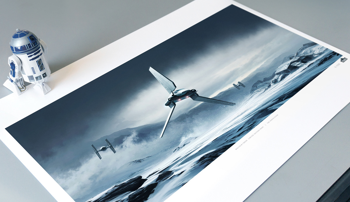 Official limited edition Star Wars Art Print of Imperial Shuttle flying over bleak Hoth snowscape
