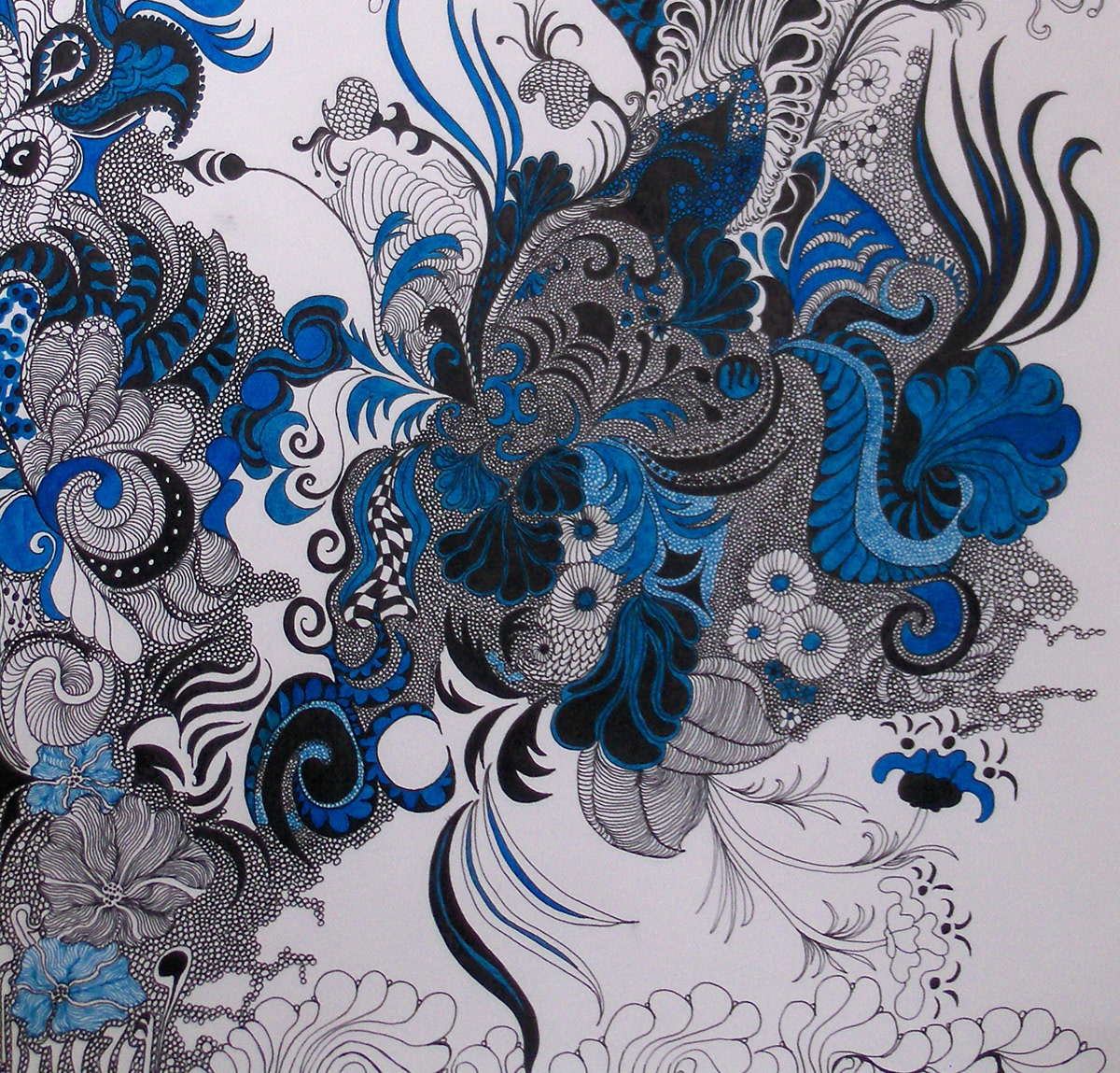 blue abstract Flowers intricate freehand ink