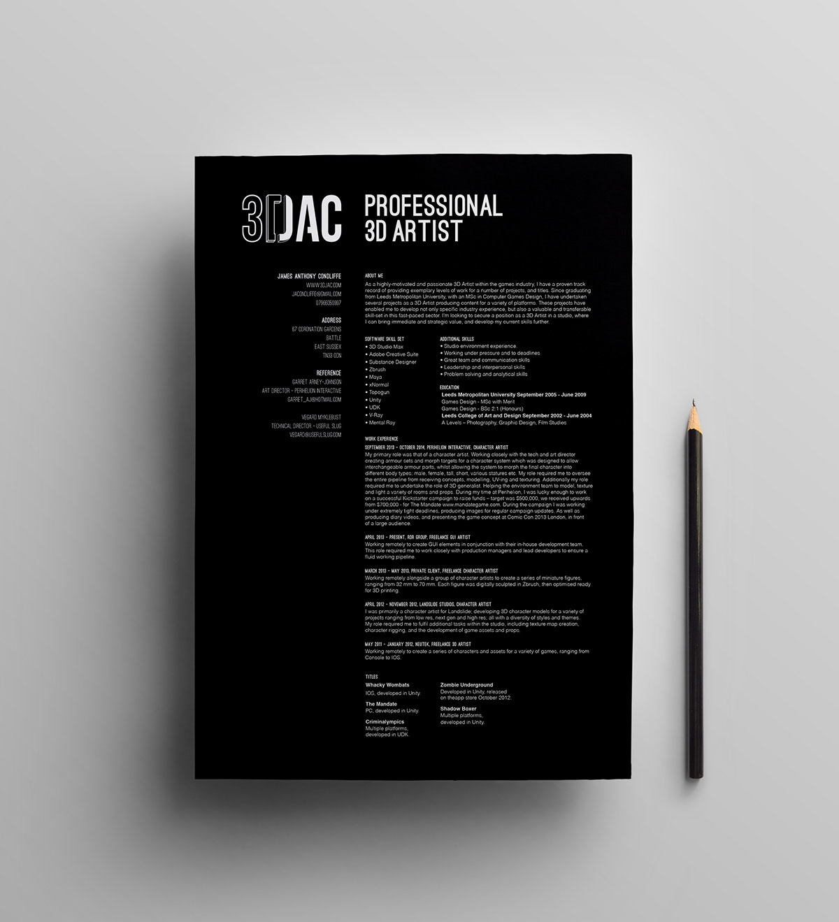 3DJAC logo brand CV business card black and white simple bold 3d artist Jimmy Condliffe James Anthony Condliffe