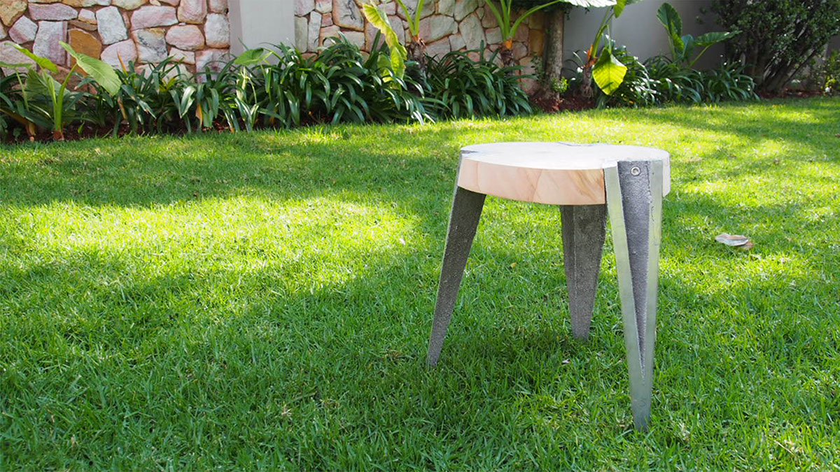 stool wood aluminium cans legs upcycle Sustainable cast foundry