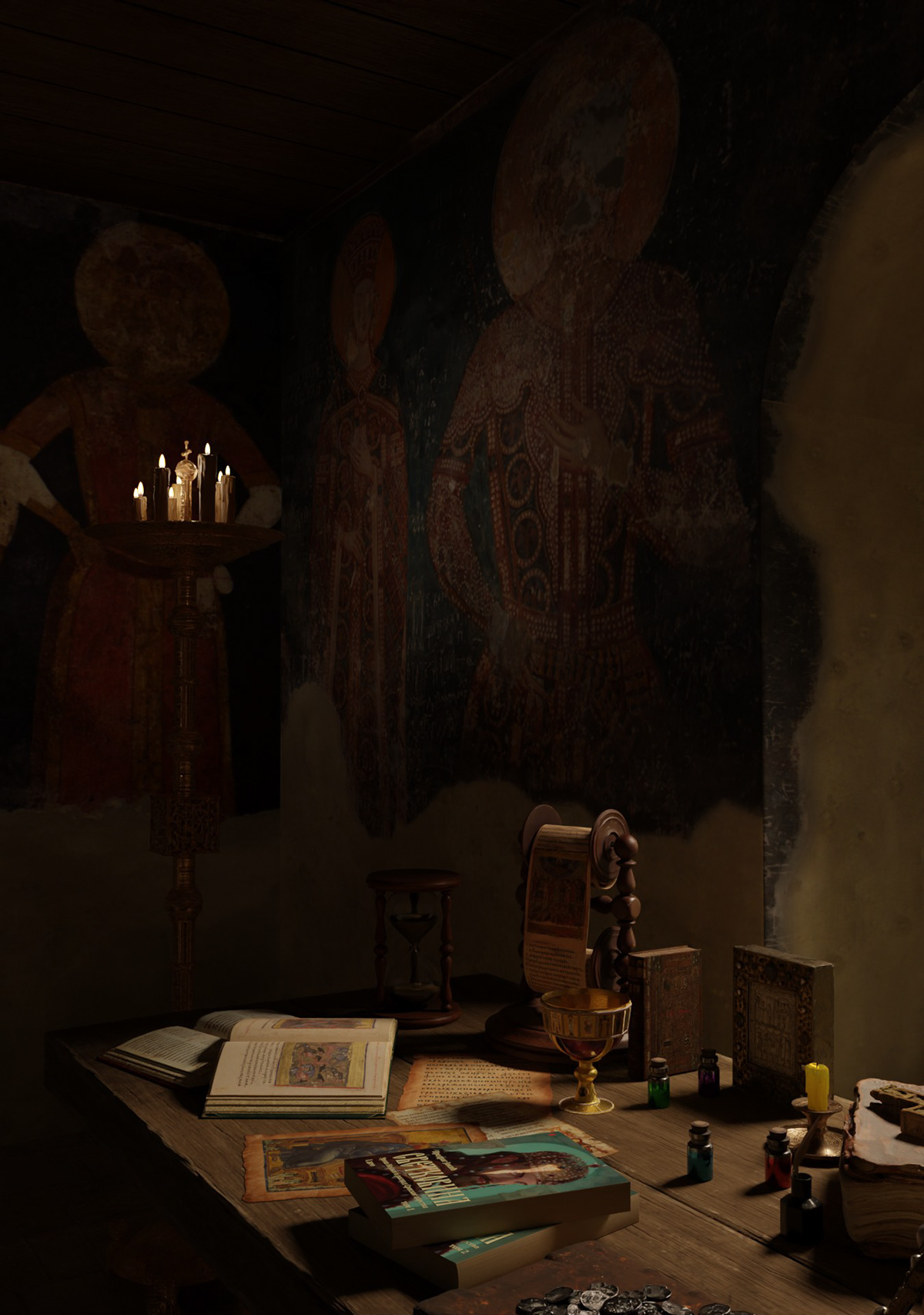 Noai 3D concept art medieval Castle gothic Byzantine book Sword chalice