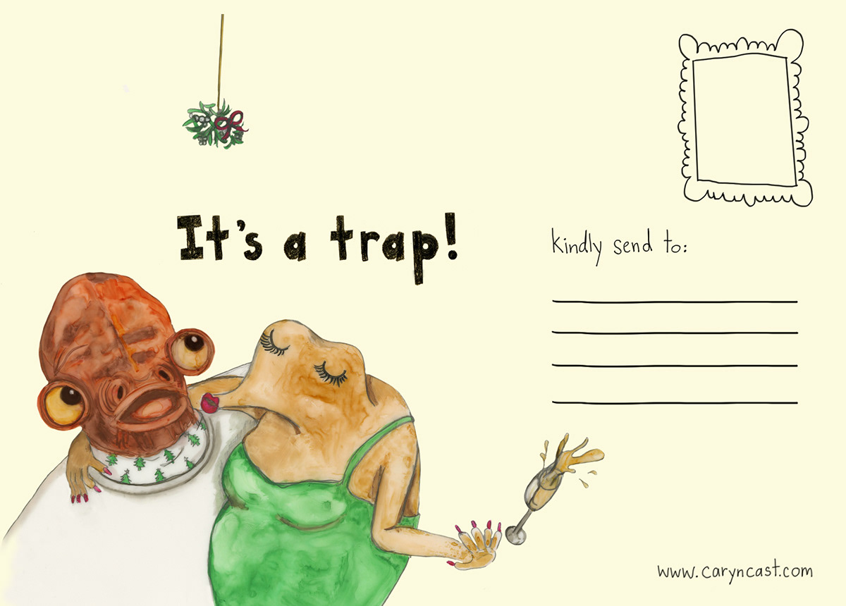 quirky postcards jabba the hut Admiral Ackbar it's a trap vintage postcards Hand illustrated postcards weird postcards creepy postcards