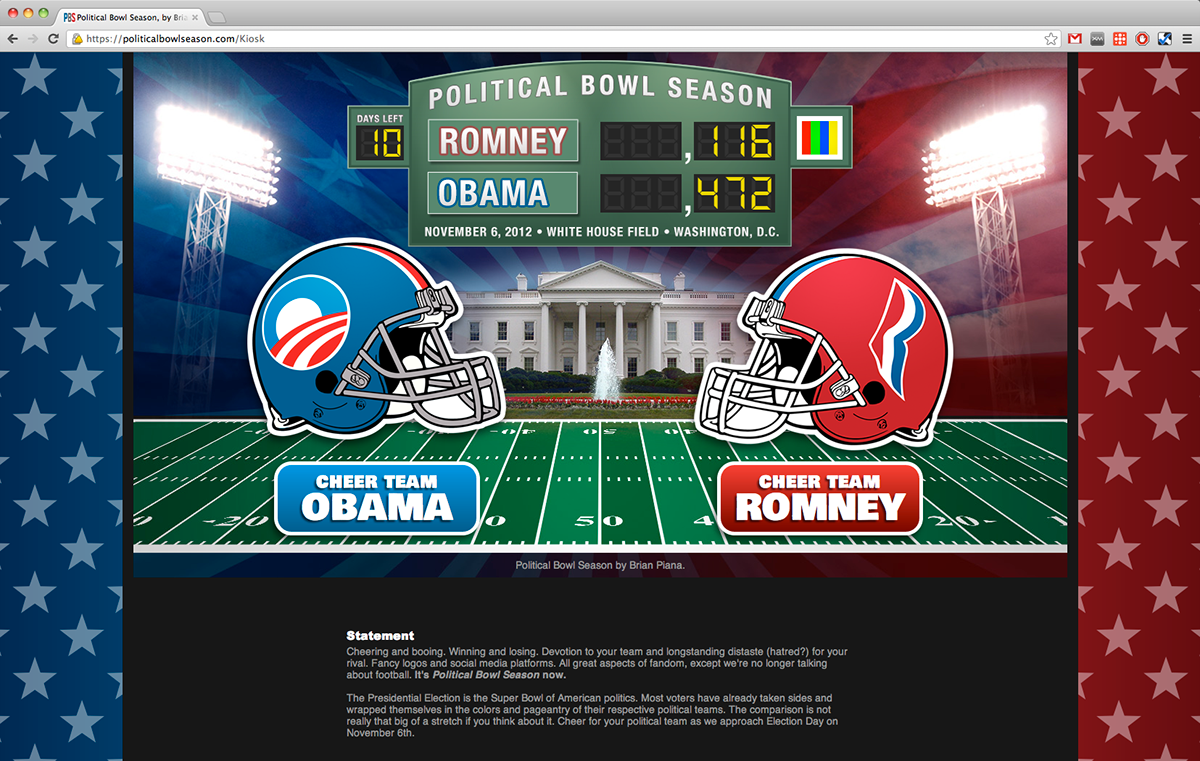 politics Election interactive art football Barack Obama mitt romney